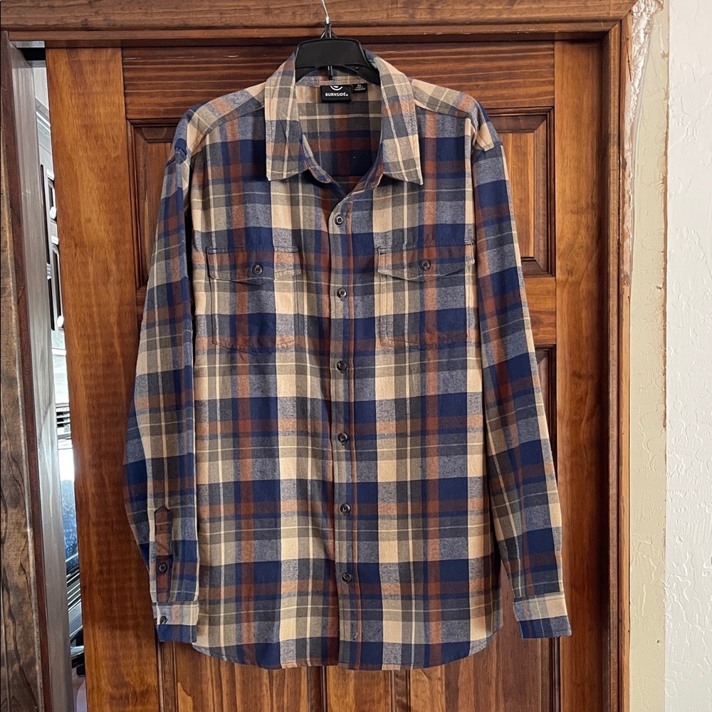 Burnside  Men's Blue, Tan & Brown Plaid Button-Down Shirt XL